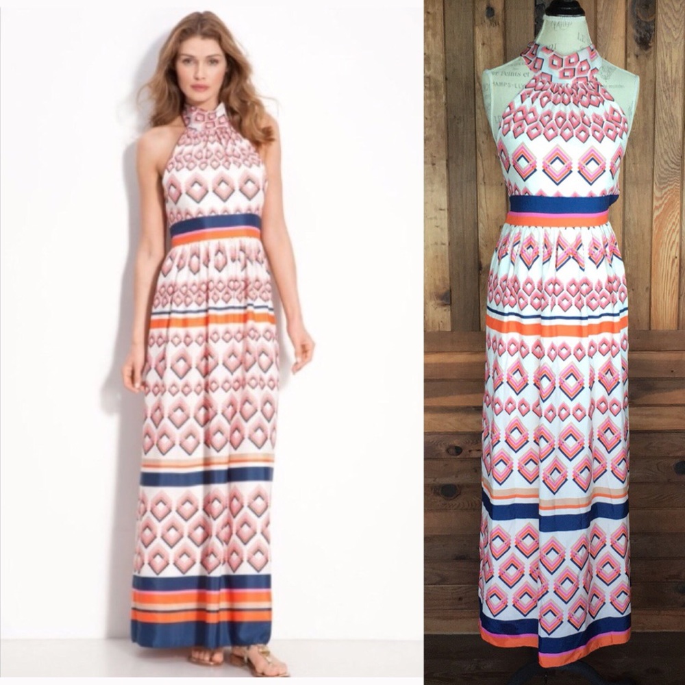 Eliza J Geometric Halter Long Maxi Boho Dress